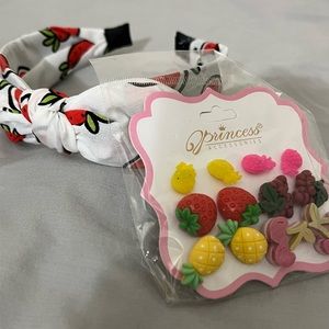 Red strawberry top knit headband with fruity earrings